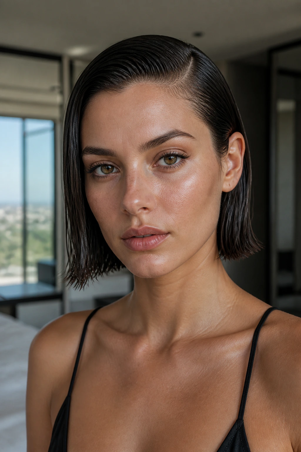 Close-up of a woman with Sleek Wet-Look Bob under natural window light