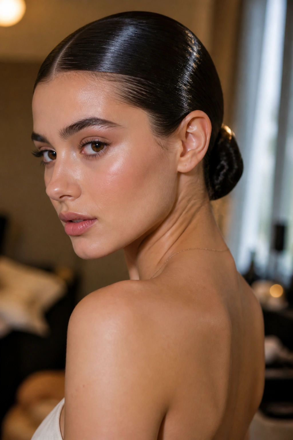 Close-up portrait of a real woman wearing Sleek Wet-Look Bun under warm backstage prom lighting