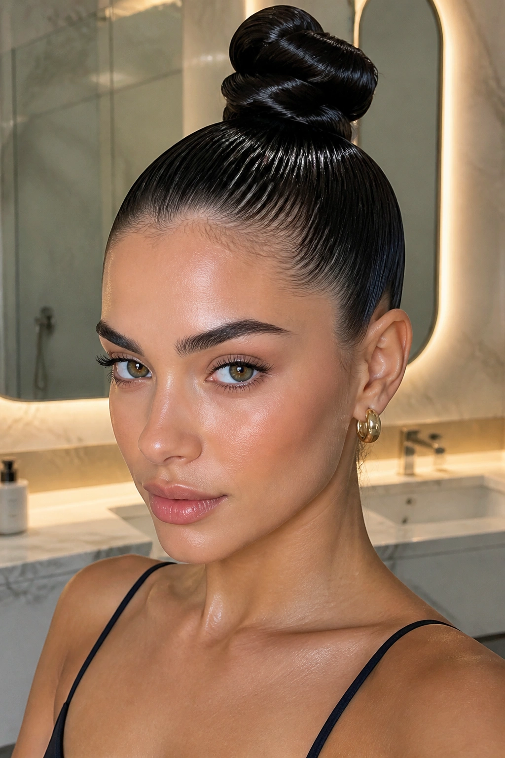 Close-up of a real woman with a glossy wet-look top knot and smooth hairline.