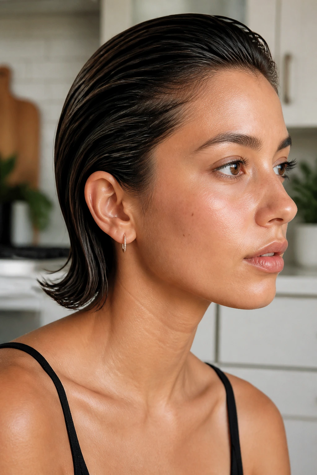 Close-up of a real woman with a sleek wet-look tuck behind the ears