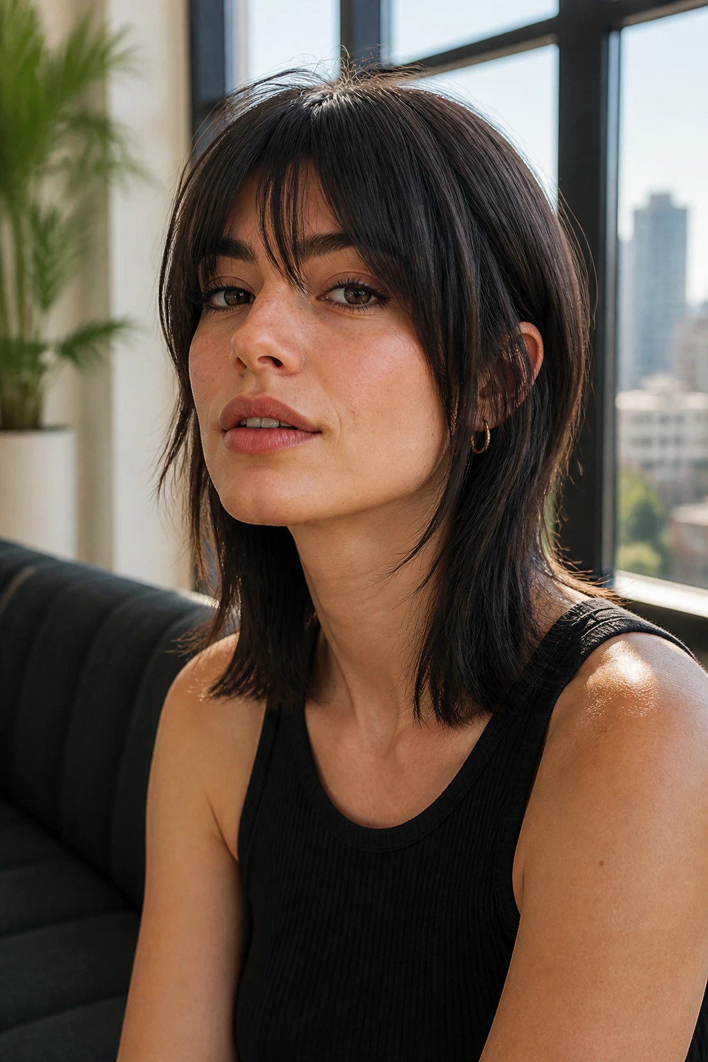 Close-up of real woman with sleek wolf cut and blunt ends in urban window light