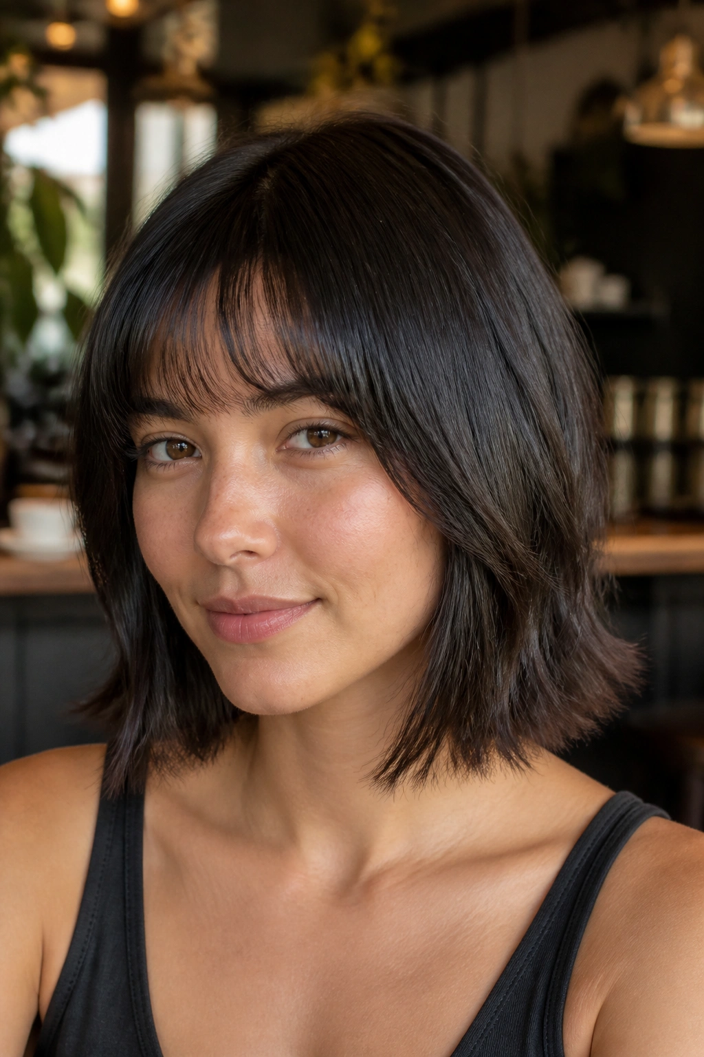 Close-up of a real person with sleek wolf bob and soft bangs in urban cafe light