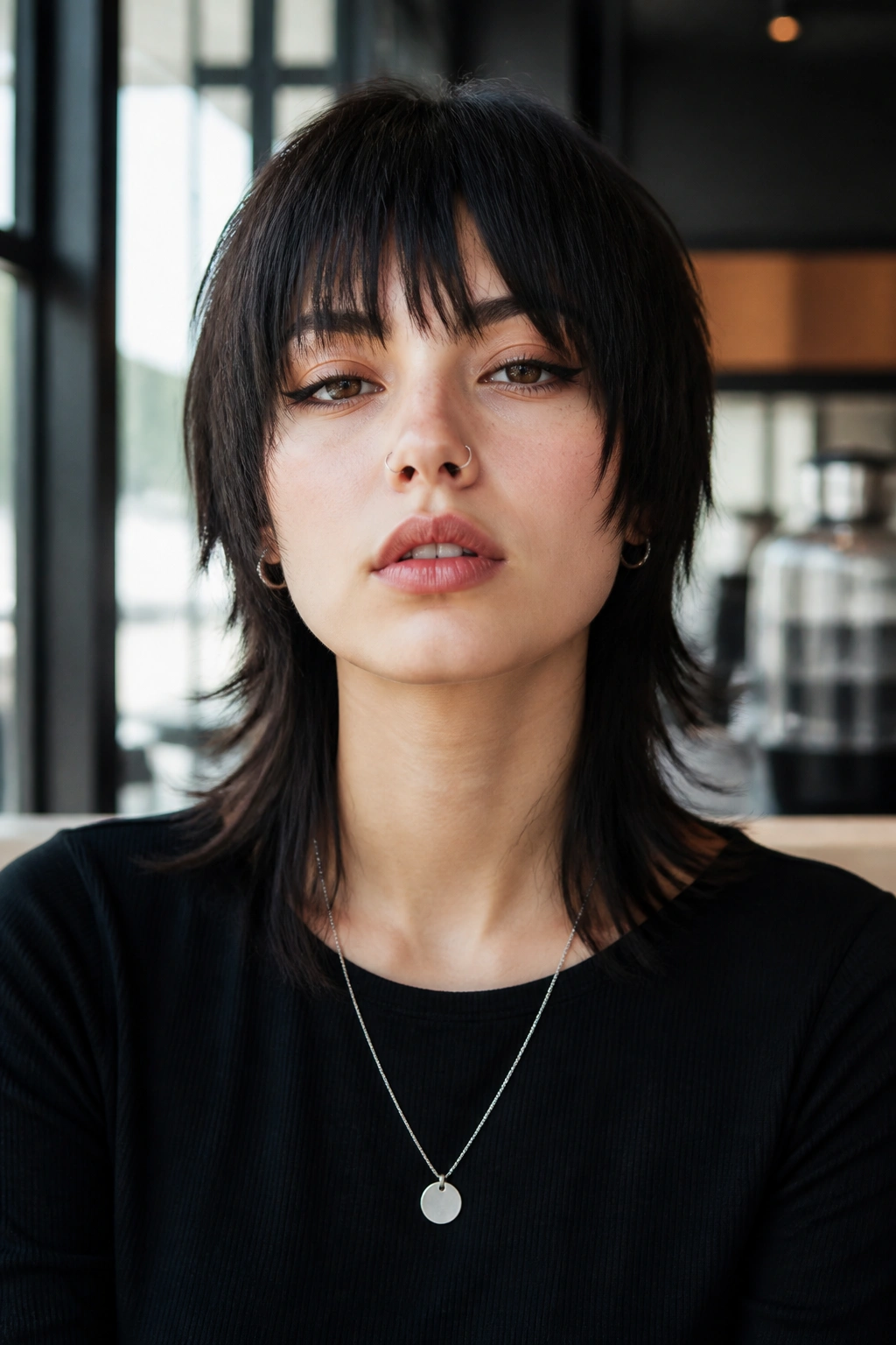 Close-up portrait of real person with sleek straight wolf cut mullet in bright cafe