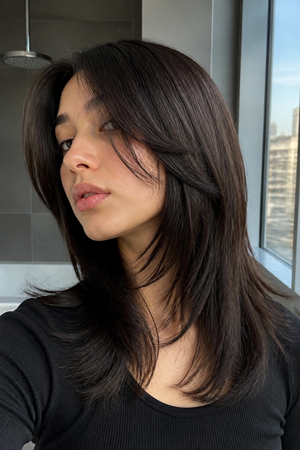 Close-up of a real person with sleek wolf cut and hidden layers