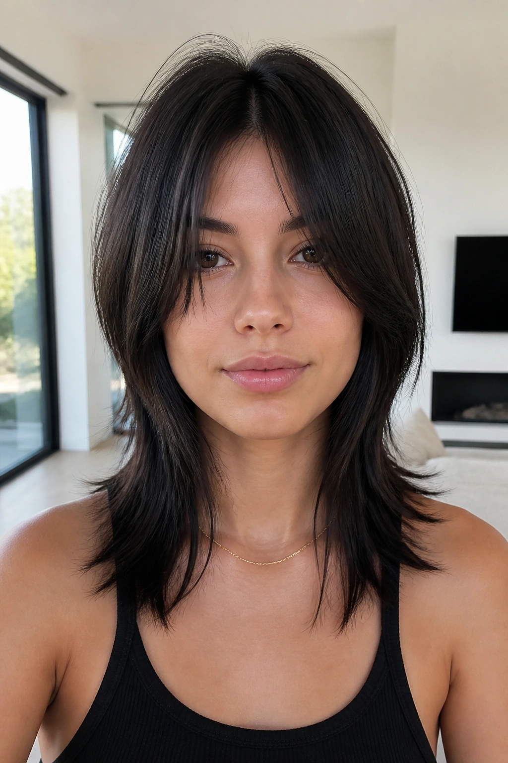Real woman with sleek, glossy wolf cut and minimal texture