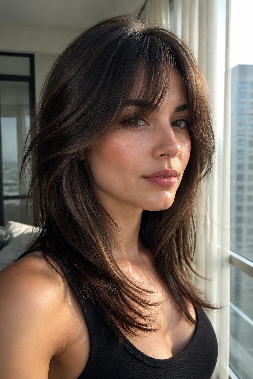 Real person with sleek wolf cut and soft curtain bangs in a bright city apartment.