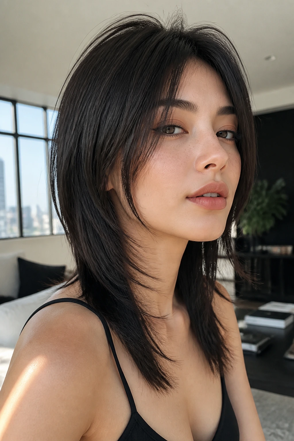 Portrait of a real woman with Sleek Wolf Haircut for Straight Hair in bright daylight