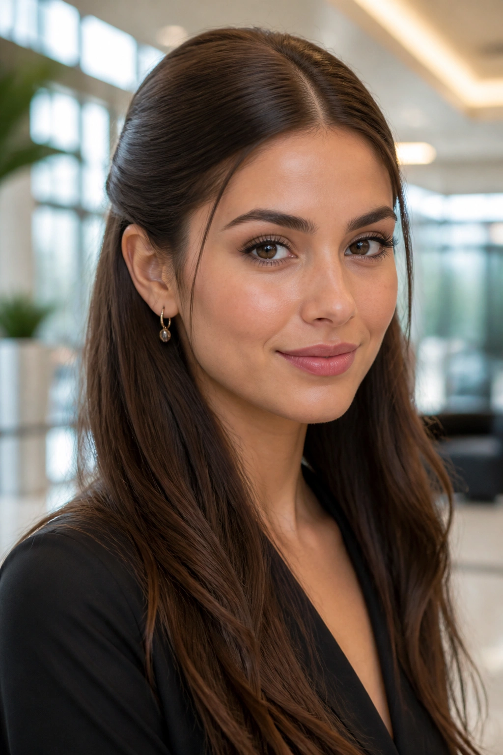 Close-up of a real woman with a sleek wrapped half-up hairstyle