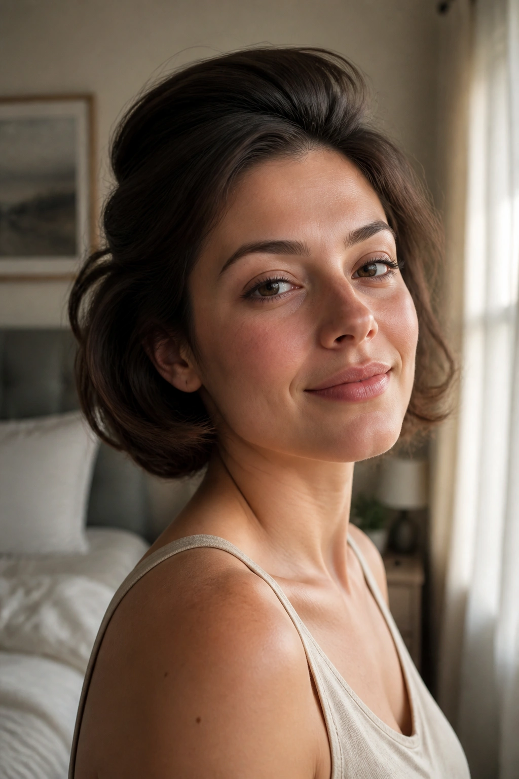 Close-up of real woman with sleep-in faux bob in bedroom light