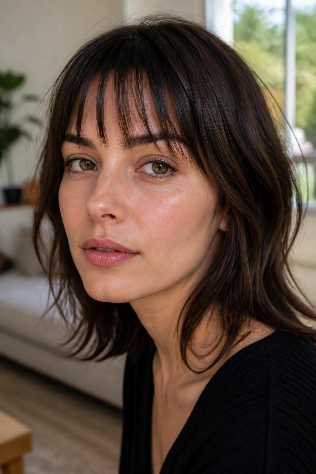 Close-up of real woman with sliced straight bangs showing narrow fringe slices under natural window light