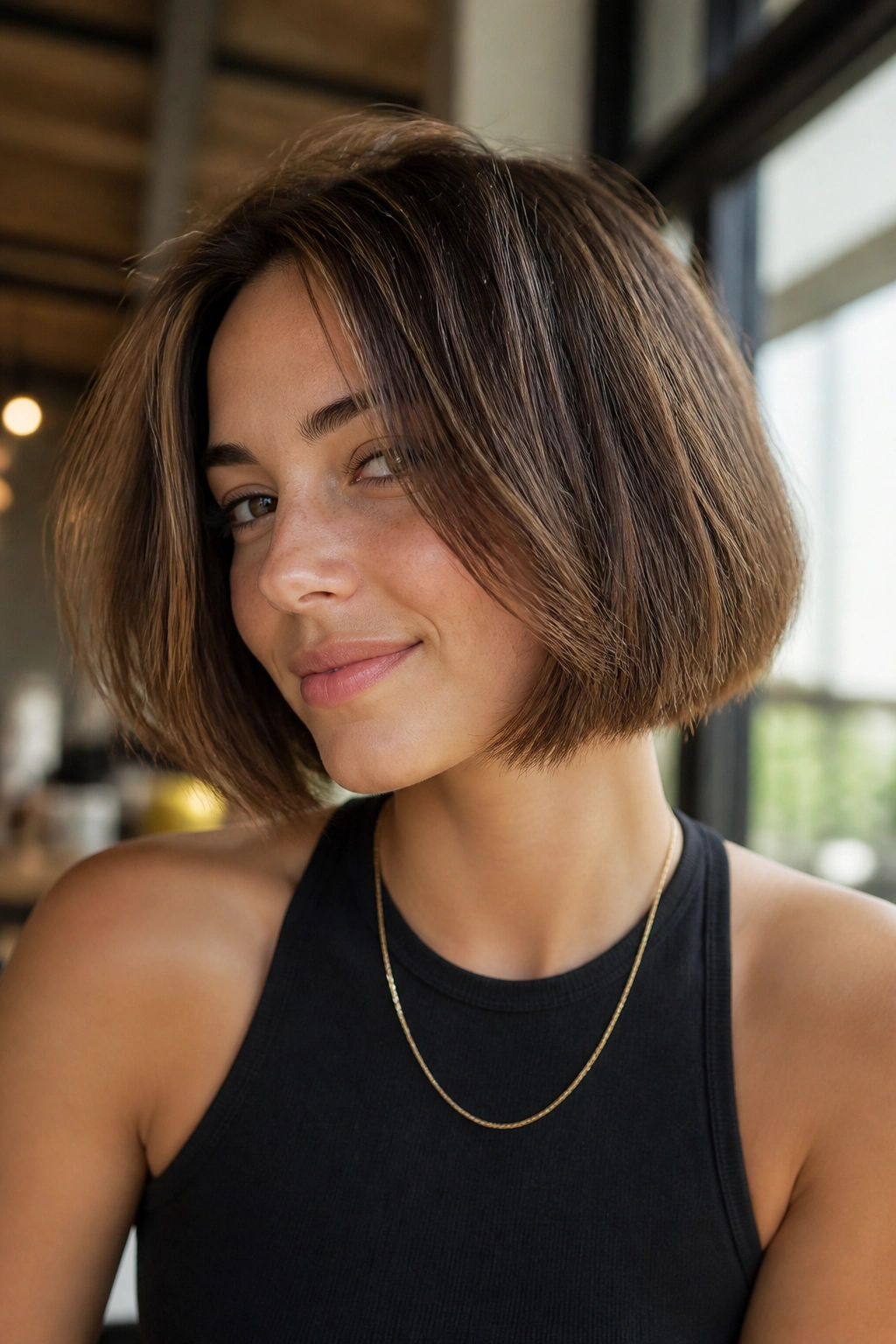 Close-up of a woman with a sliced bob showing inner thinning and crisp perimeter.