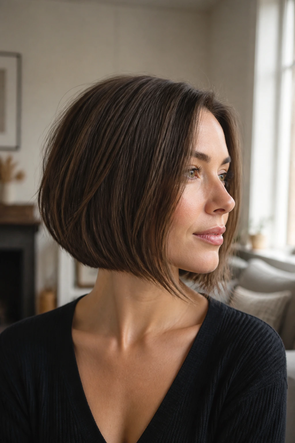Close-up portrait of a real person with a sliced bob showing movement at the ends