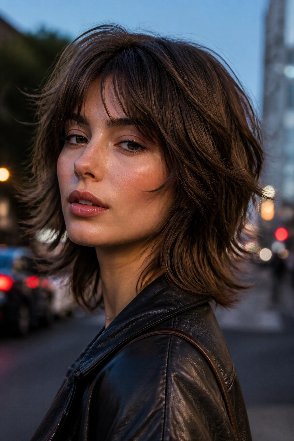 Portrait of a real woman with sliced layer shag showing sharp, separated layers.