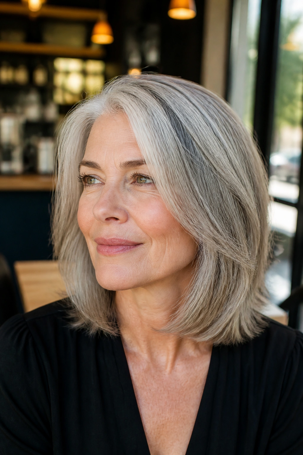 Close-up portrait of a real woman with a shoulder-length sliced mid-length cut and silver-gray hair