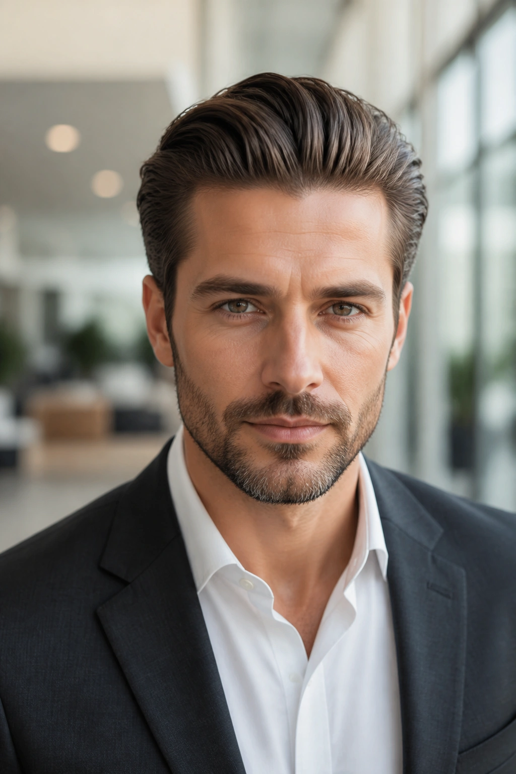 Man with a controlled-volume slick back hairstyle