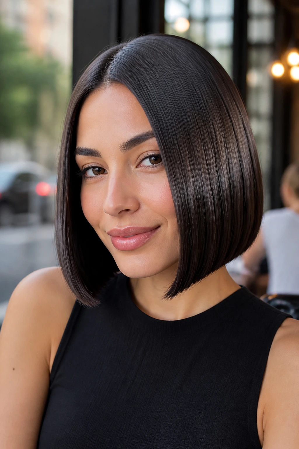 Close-up portrait of a real woman with a sleek, glassy-finish bob in daylight