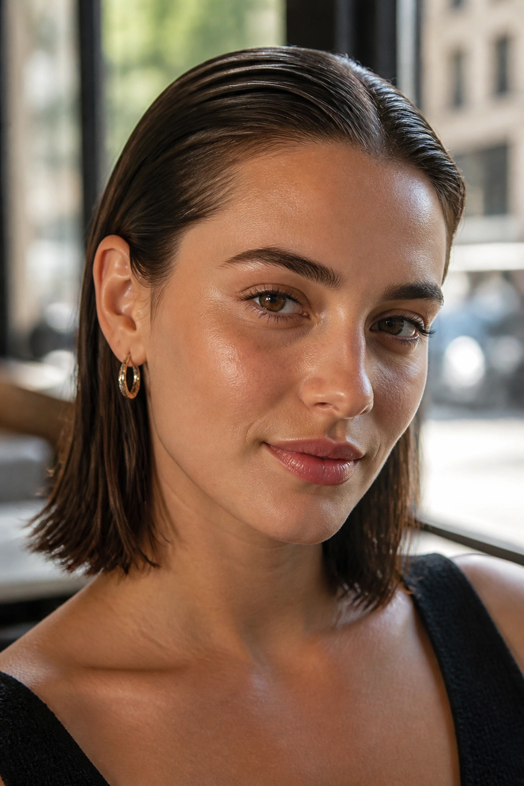 Close-up portrait of a real person with tucked-behind-the-ears slick lob and glossy finish