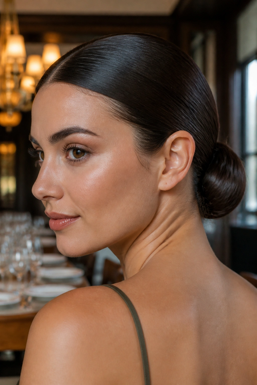 Brunette with a slick, low bun at the nape.