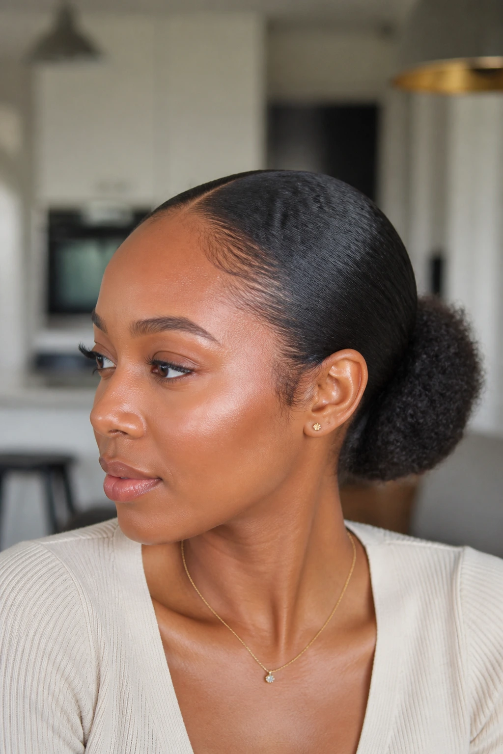 Real person with slick low puff ponytail, profile view