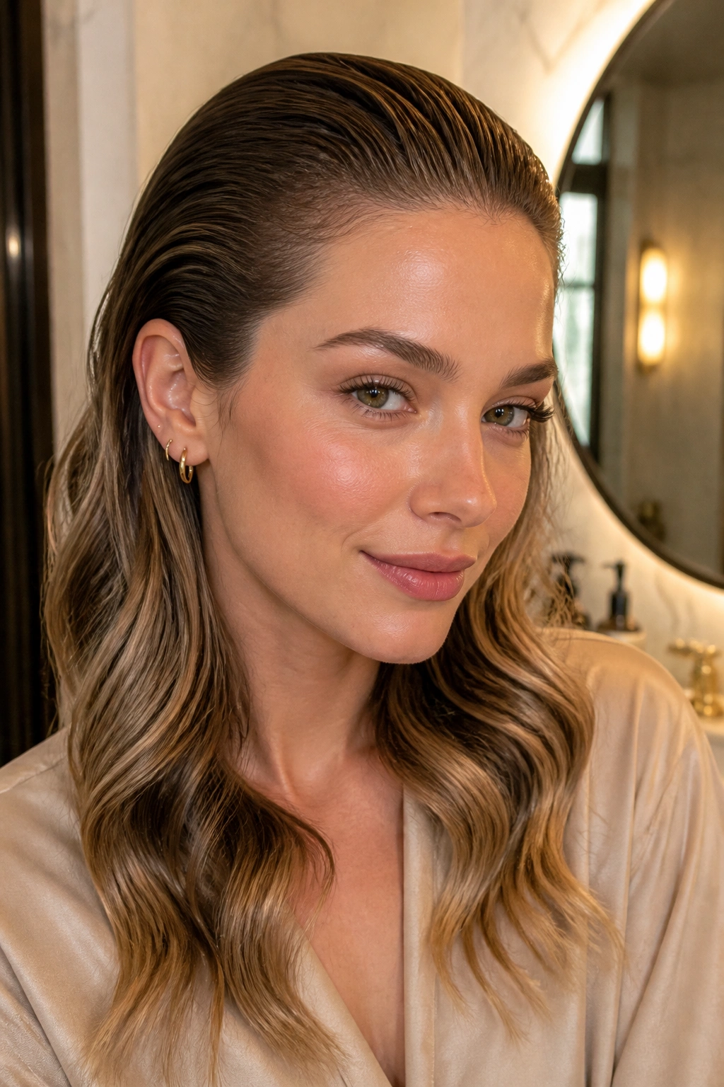 Portrait of a woman with slick roots and curved wave ends in warm light