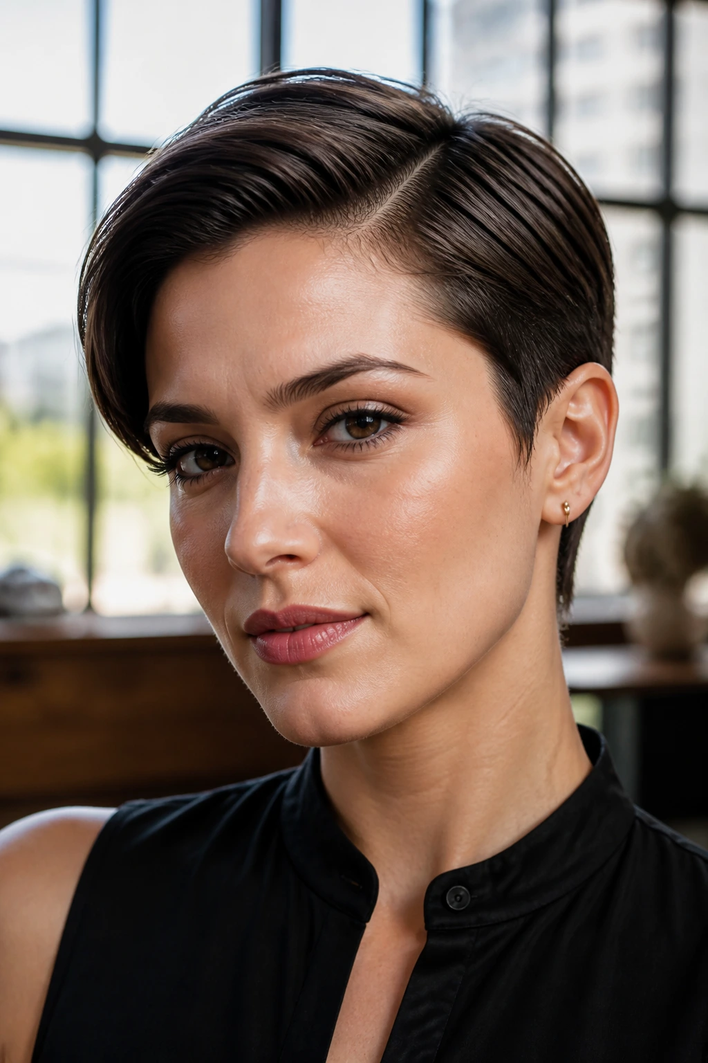 Close-up portrait of a person with a slick side-part pixie haircut