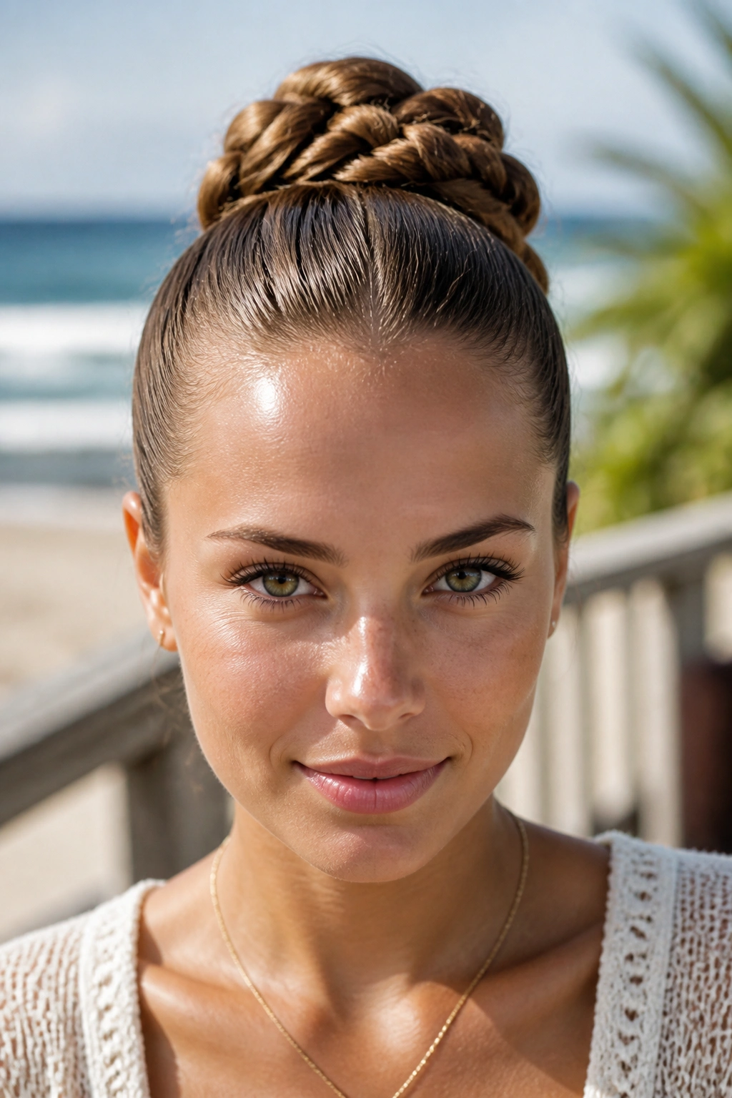Close-up of a real person with a slicked-back braided ponytail bun on a beach.