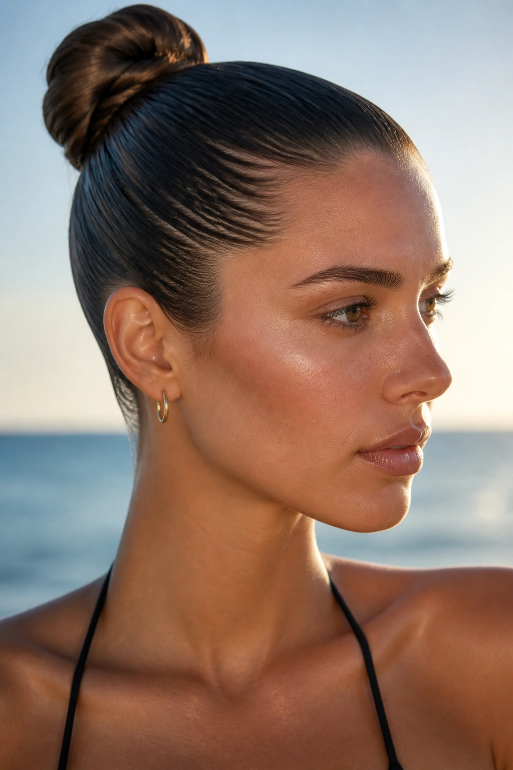 Close-up of a real woman with a slicked-back wet-look bun at the beach.