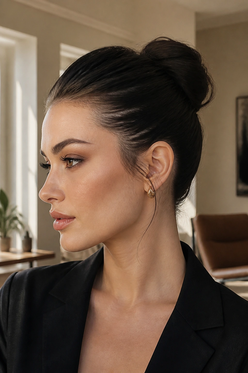 Close-up of a real person wearing a crown-lift slicked-back bun, highlighting the jawline and neck.