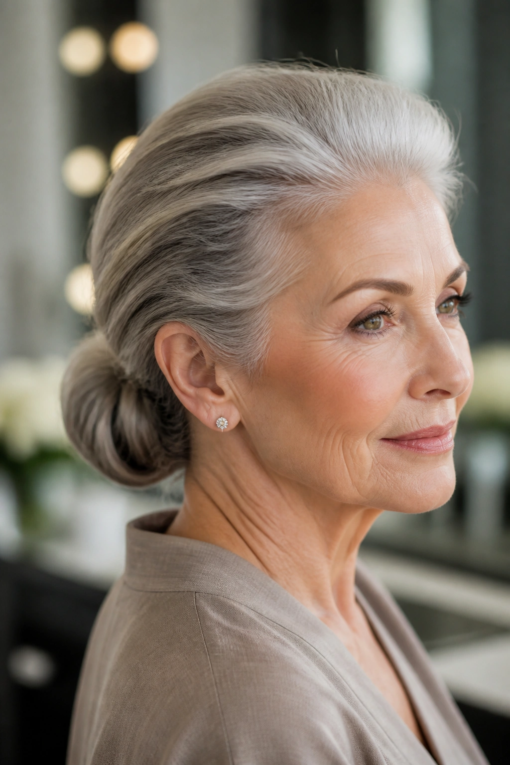 Real woman with slicked-back low bun and crown texture.