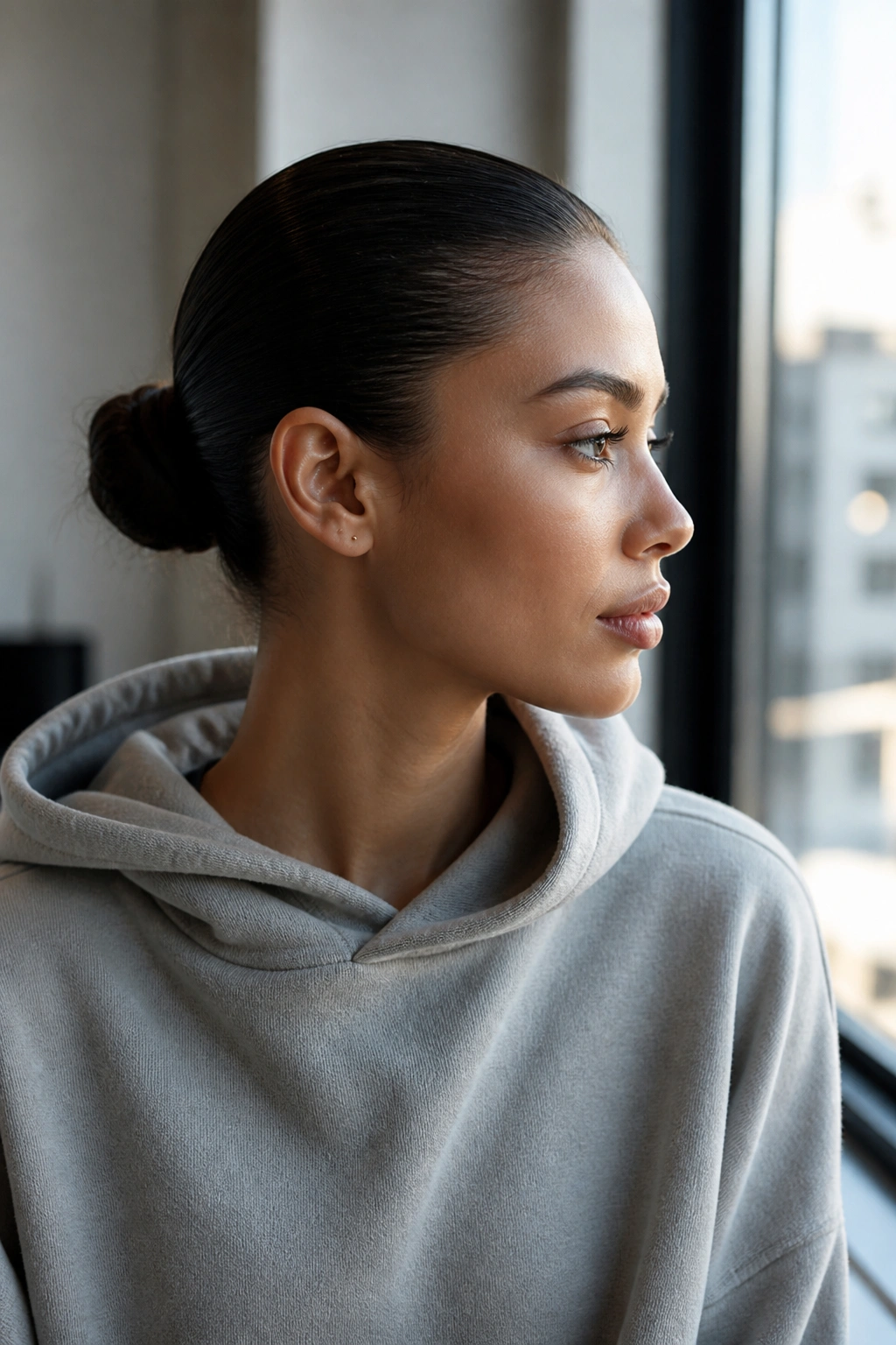 Close-up portrait of a real person with a slicked-back bun and minimal flyaways.