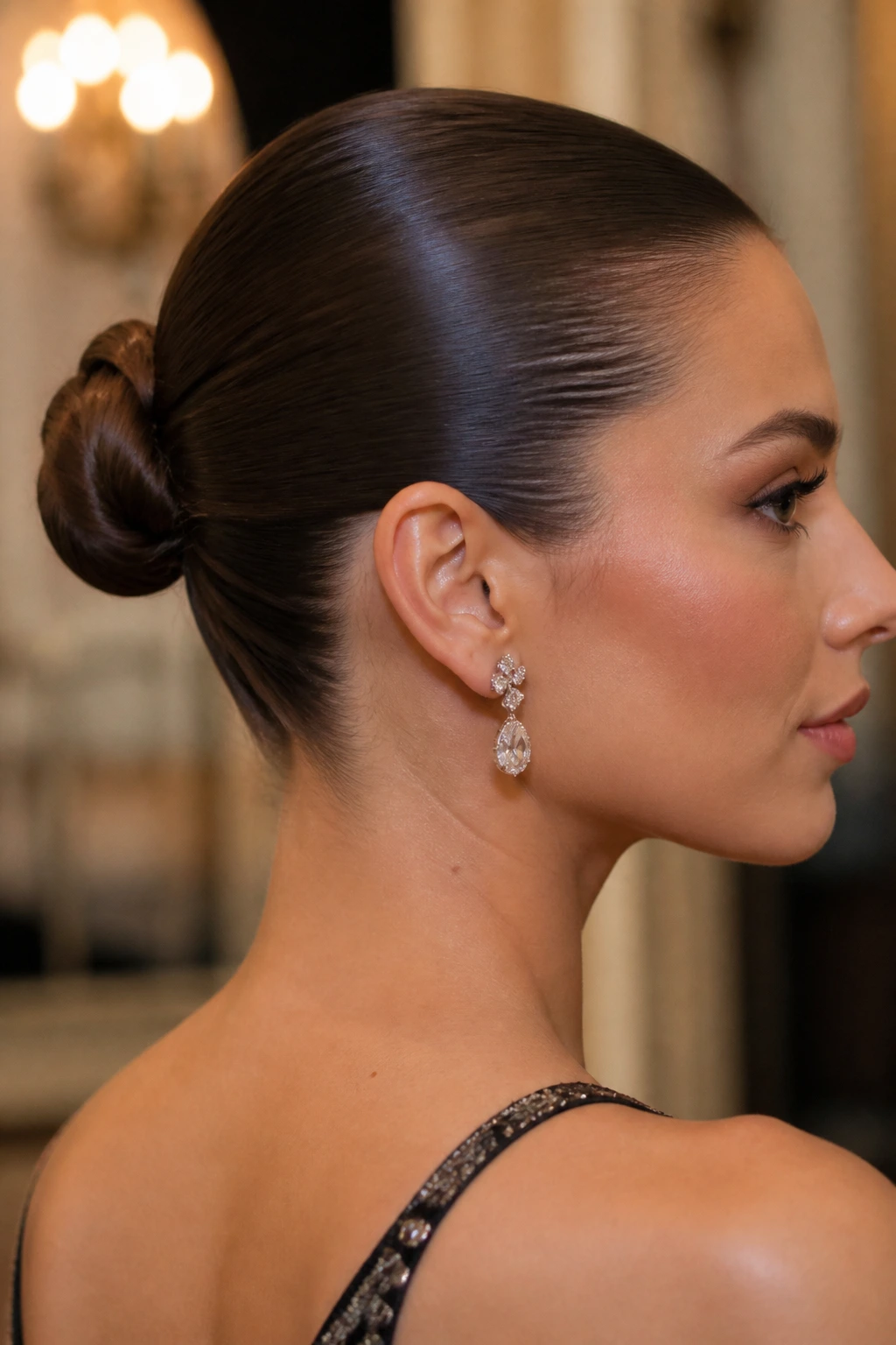 Close up of real woman with slicked back bun