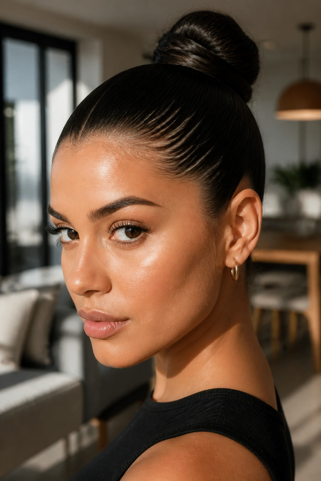 Close-up of a real woman with a glossy slicked-back bun secured with gel