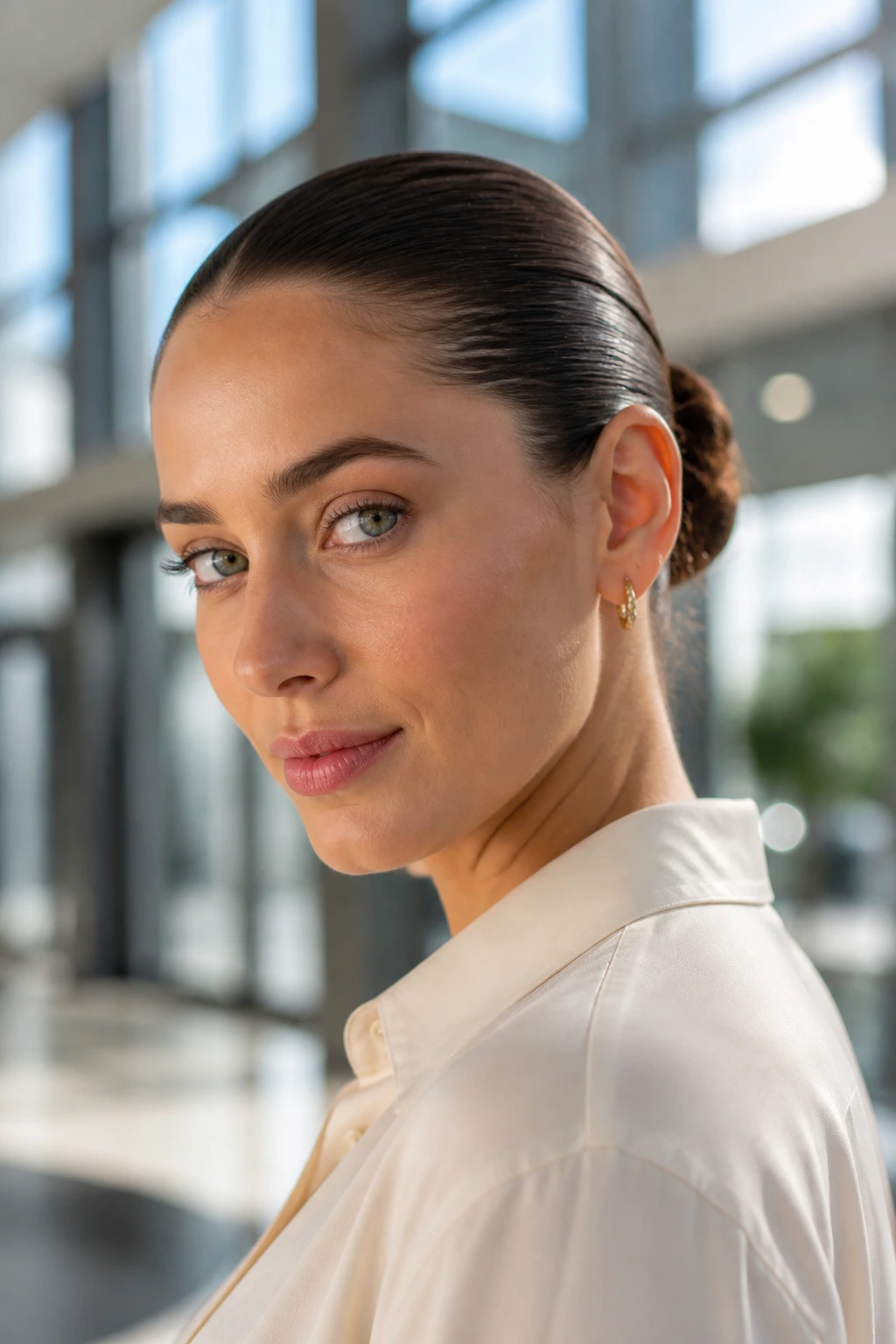 Close-up portrait of a real woman with a slicked-back bun in a modern office setting