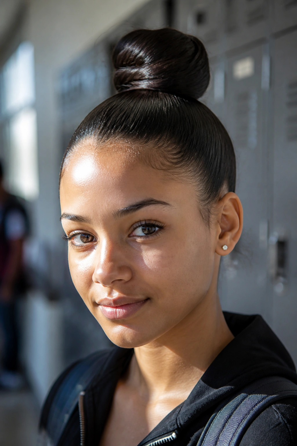 Close-up of a student with a slicked-back high bun in a school hallway.
