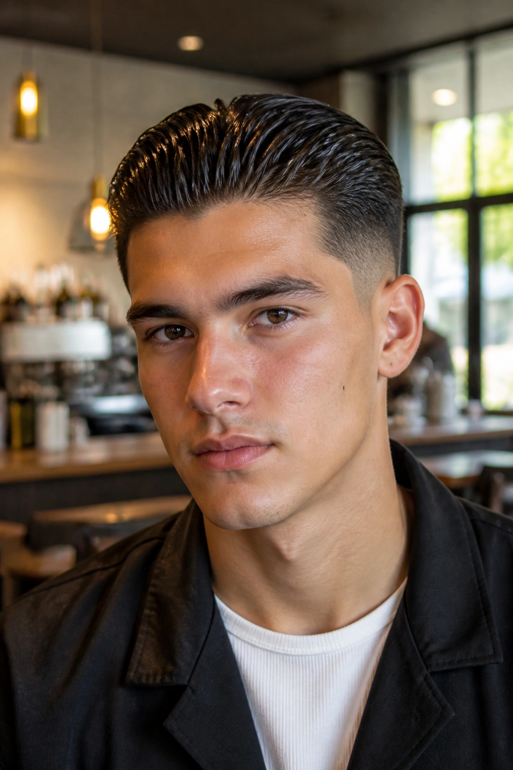 Close-up of a real person with a slicked-back crop hairstyle in a cafe.