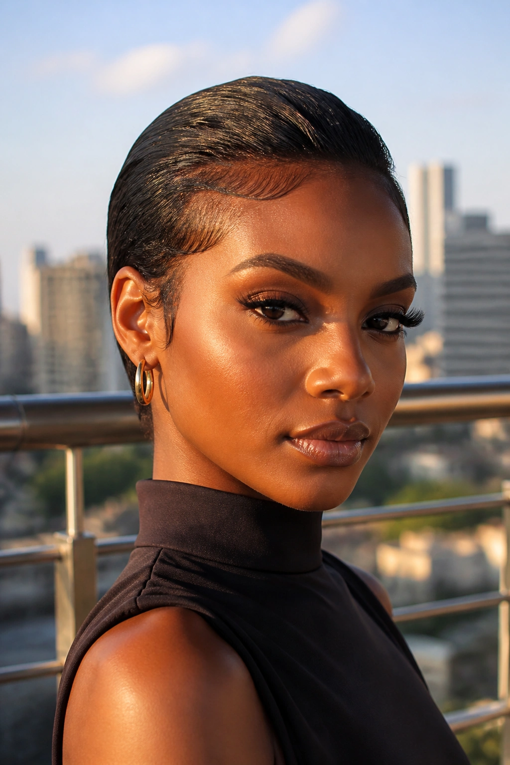Real person with slicked-back crop and sculpted edges on sunlit balcony