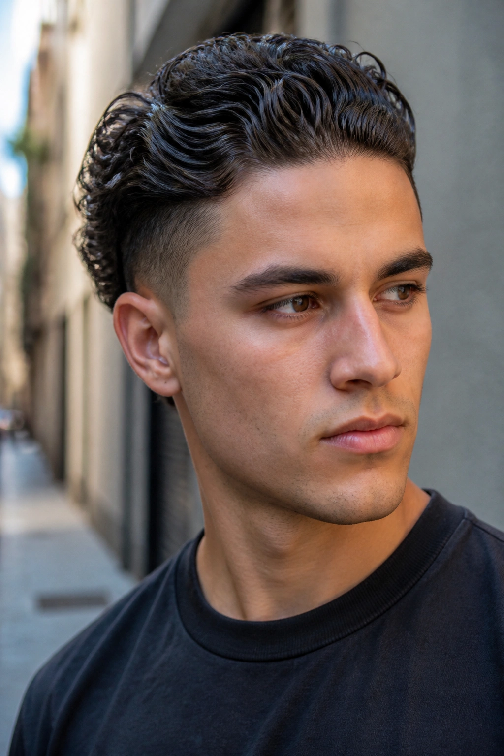 Close-up of a man with slicked-back curly undercut in an urban alley