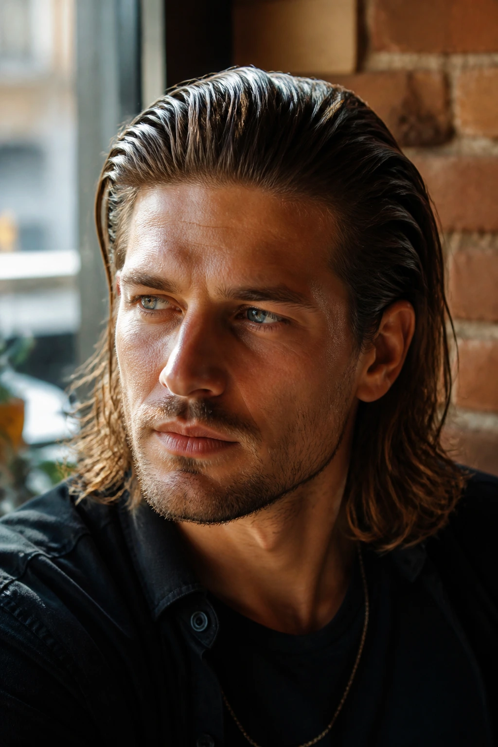 Close-up portrait of a man with slicked-back long hair in a sunlit cafe
