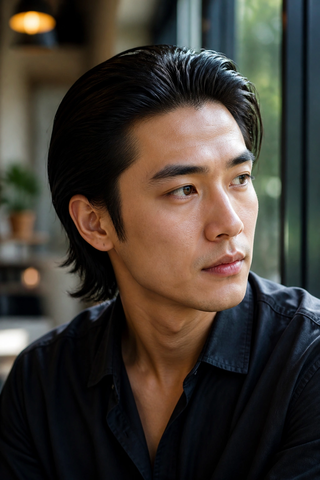 Close-up portrait of a man with slicked-back medium-length hair