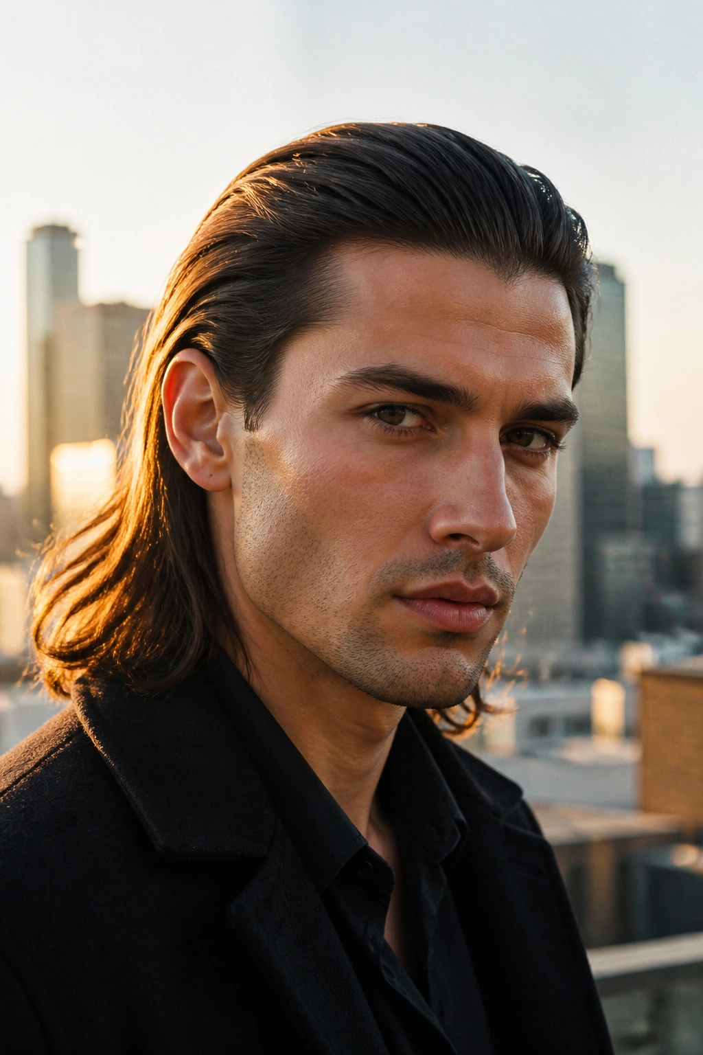 Close-up portrait of a man with slicked-back long straight hair