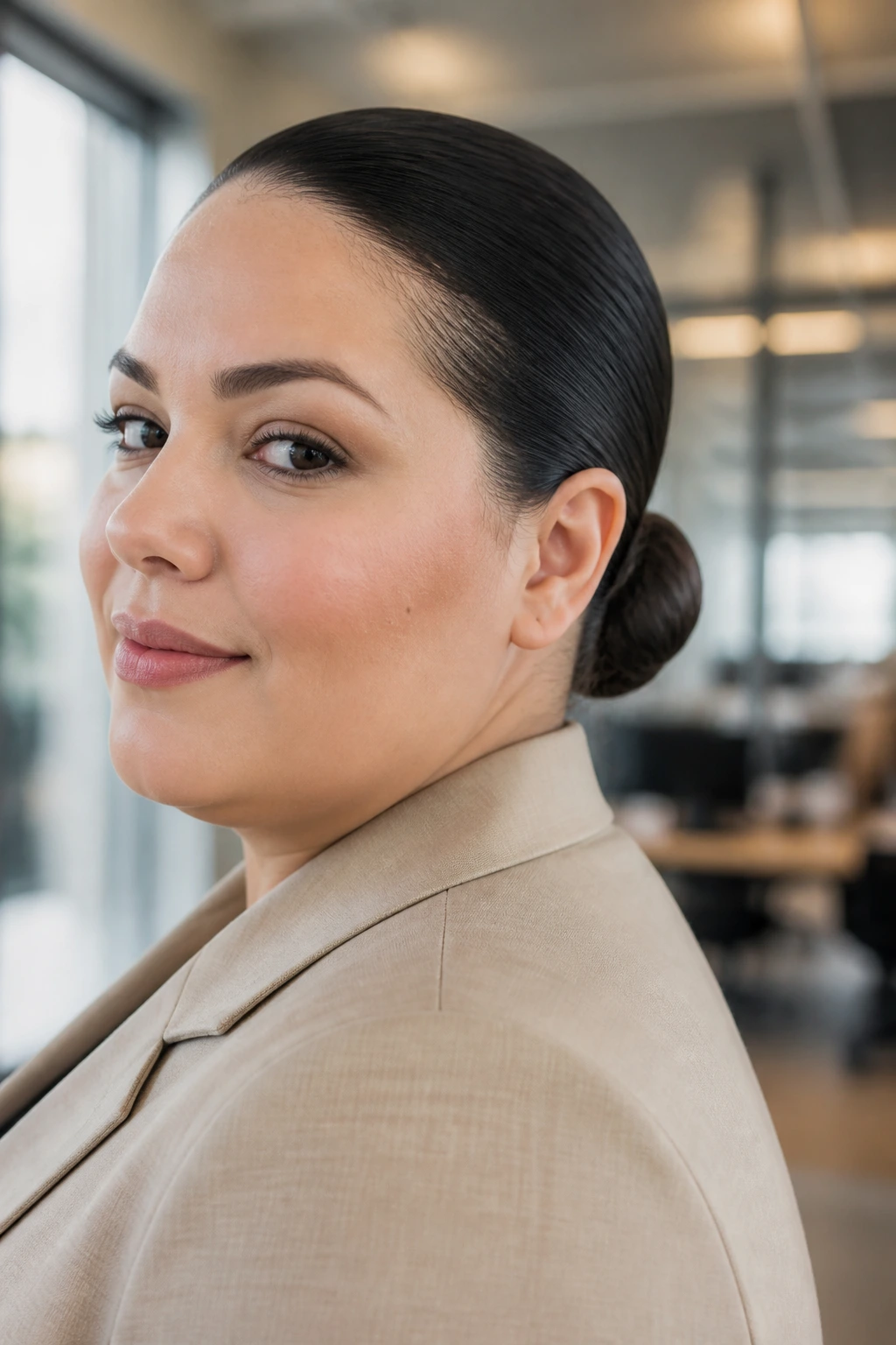 Close-up portrait of a real woman with a slicked-back low bun at the nape of the neck