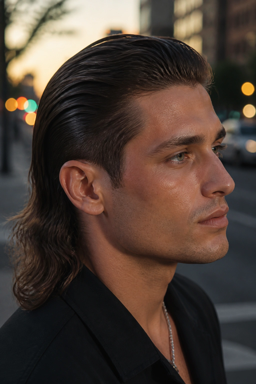 Close-up portrait of a man with a slicked-back mullet in a city at dusk