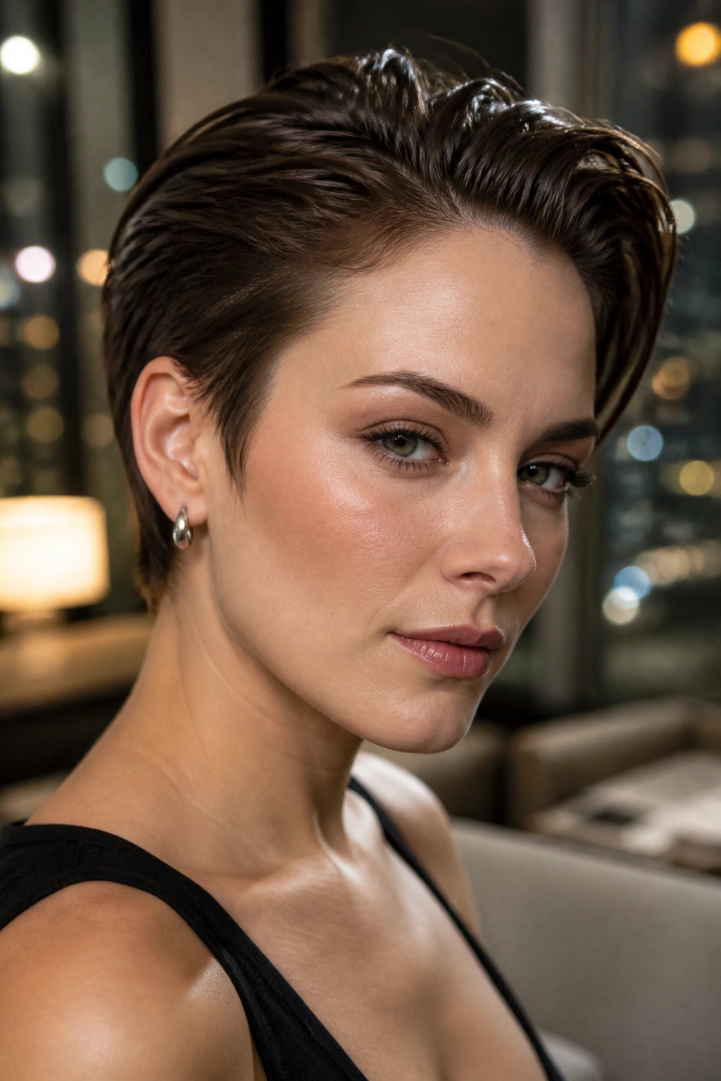 Portrait of a real woman with a slicked-back pixie and glassy finish.