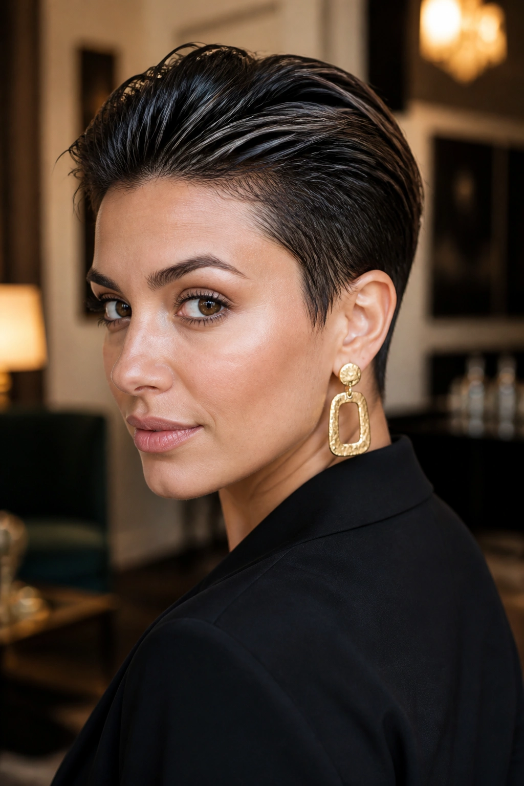 Real person with slicked-back pixie under warm indoor light