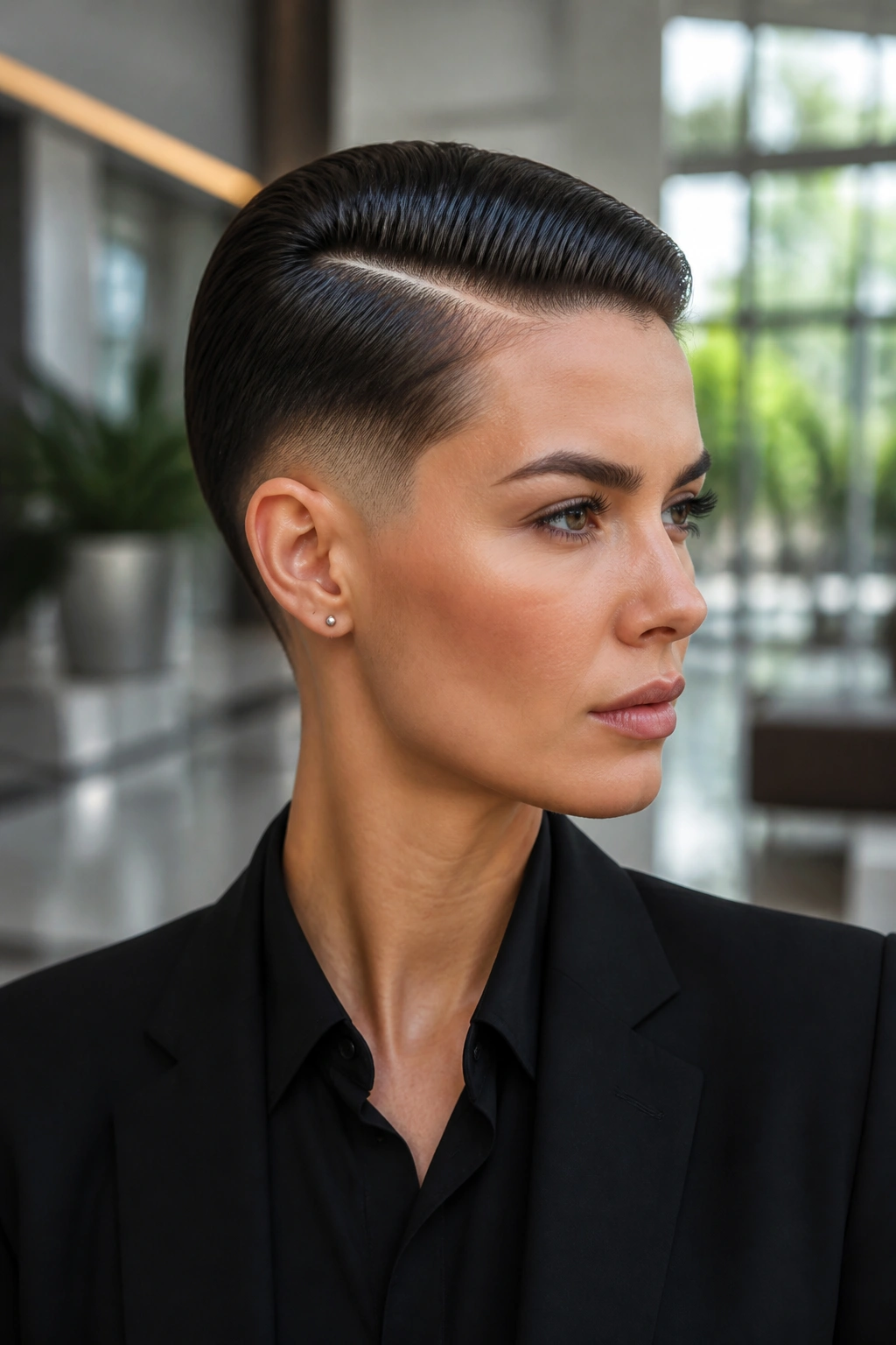 Close-up portrait of a real person with slicked-back pixie and hard part in bright daylight