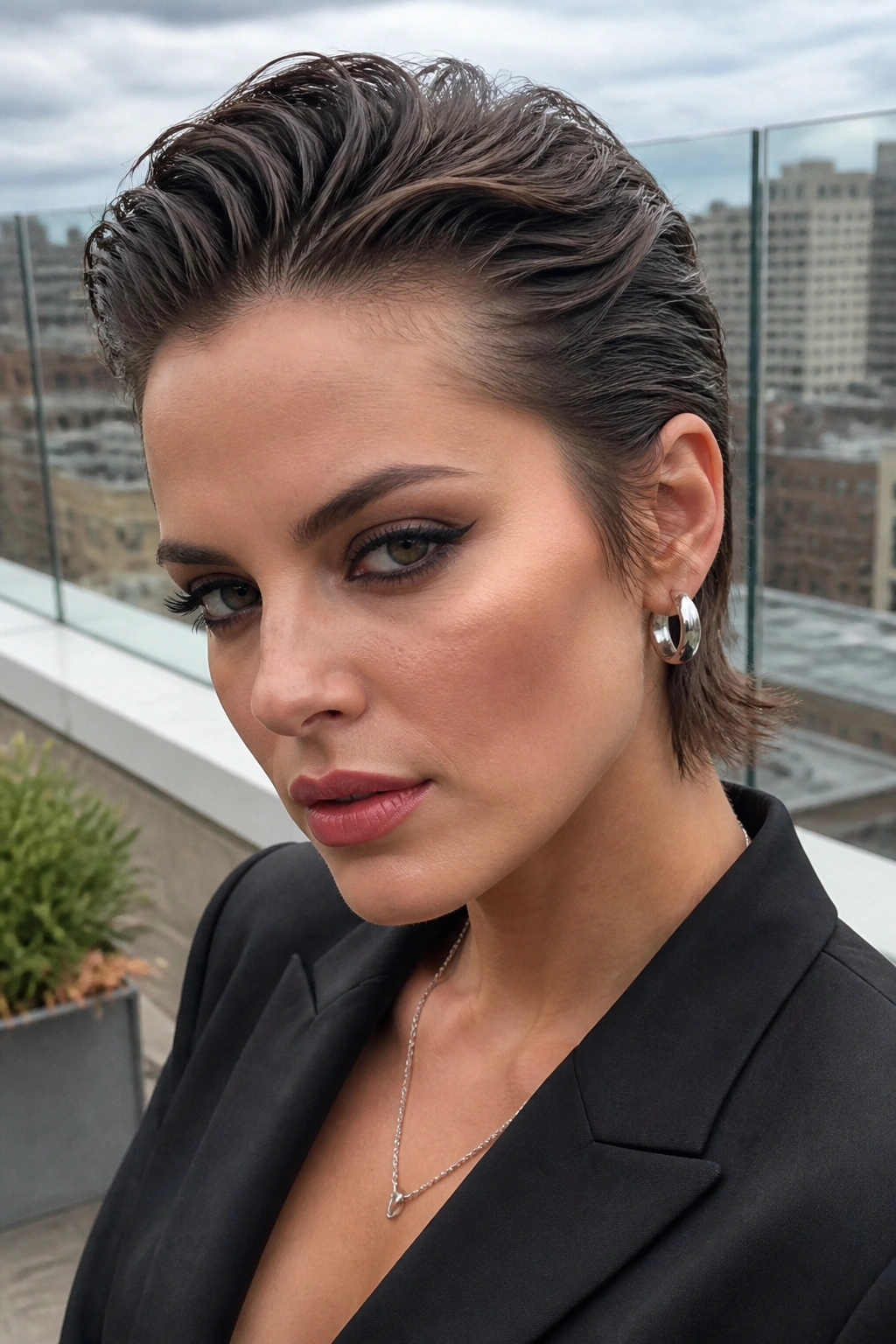 Close-up portrait of a real person with slicked-back pixie mullet on a city terrace