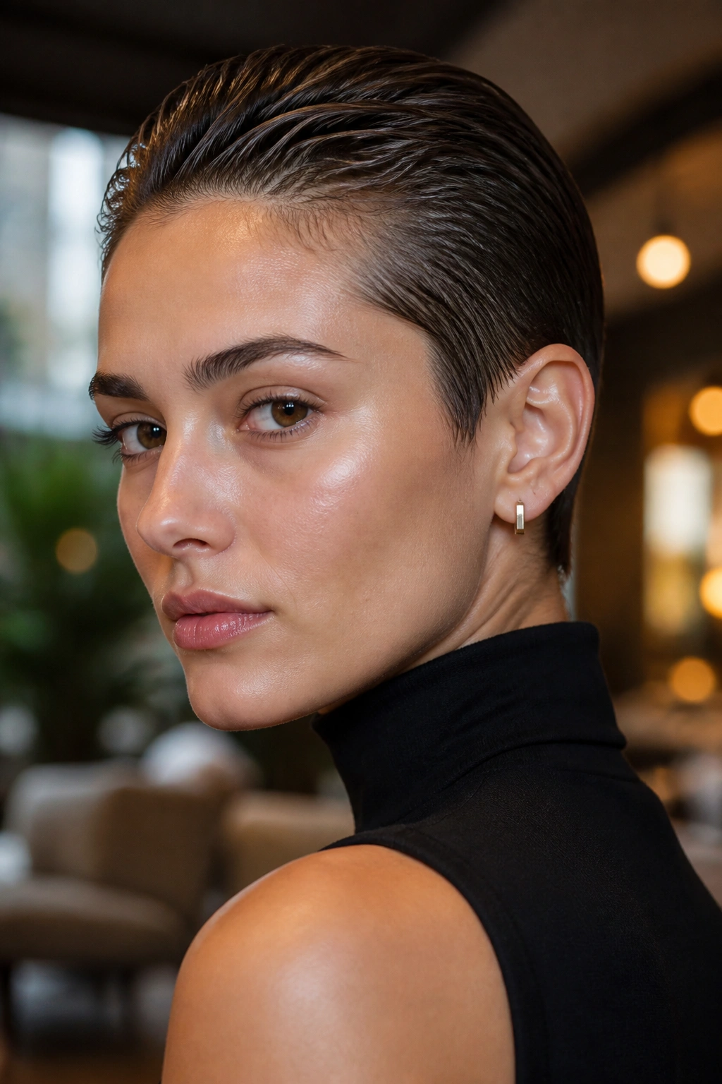 Close-up of a woman with a slicked-back pixie, hair pressed to the head and no fringe