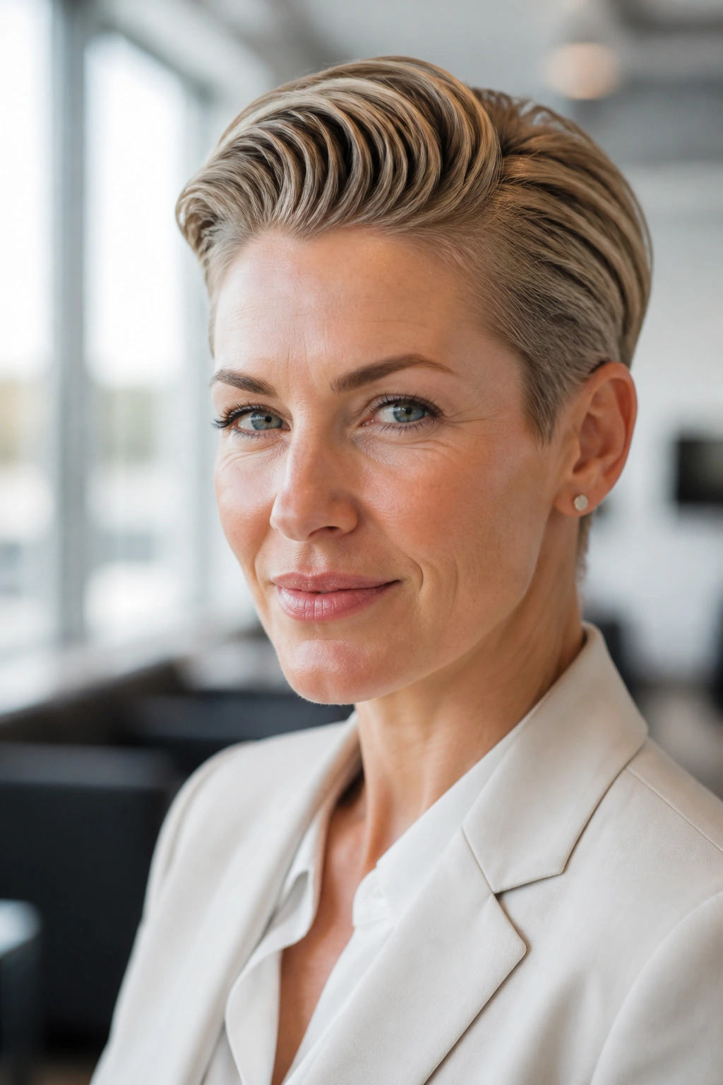 Portrait of a person with a slicked-back pixie and longer top in an office setting