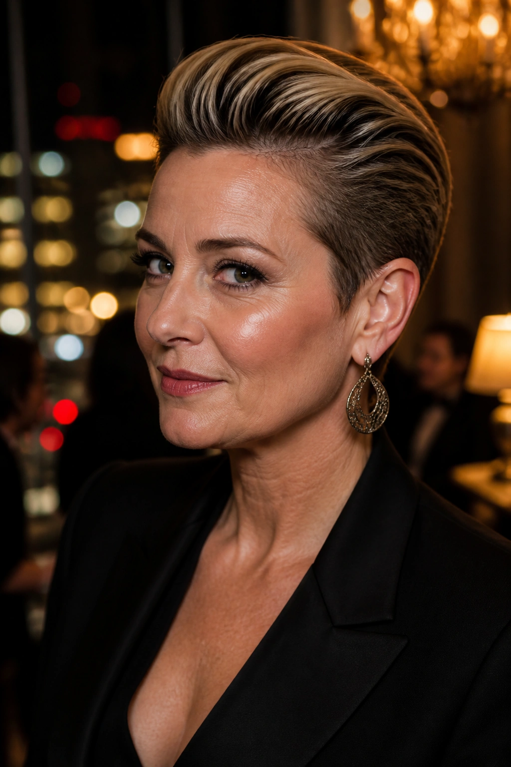 Close-up portrait of a real woman with slicked-back pixie and a soft shine in warm lighting.