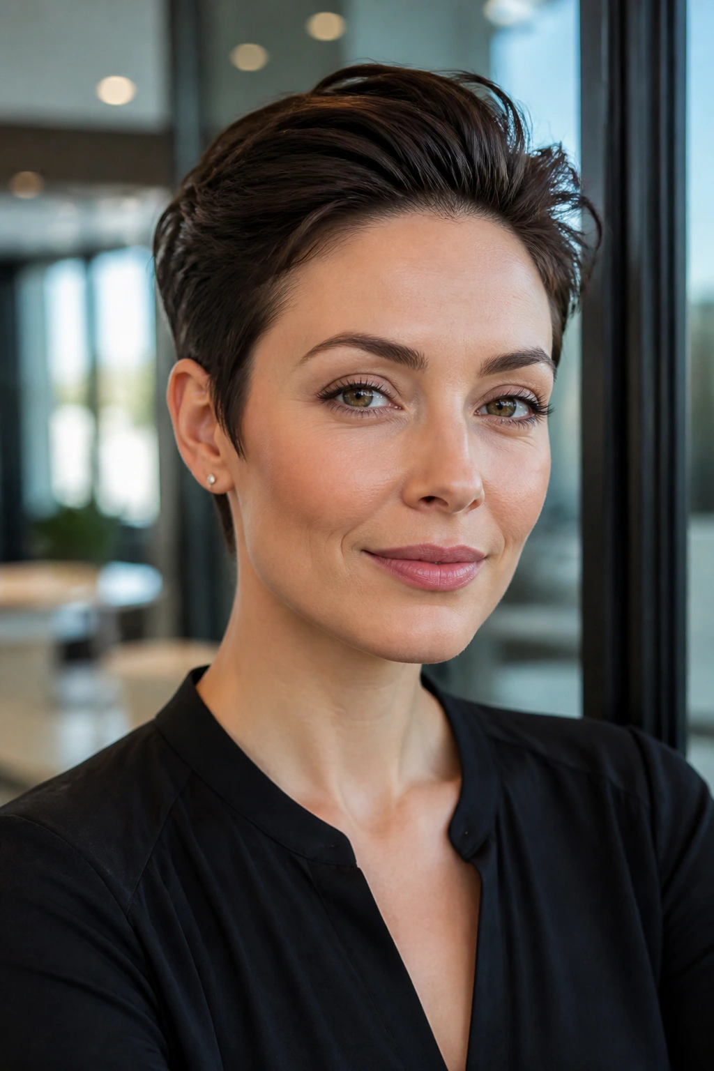 Real woman with slicked-back pixie showing soft temples
